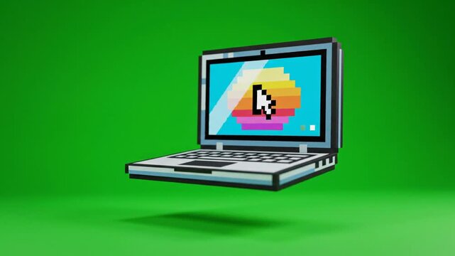 Retro Pixel Art Laptop with Colorful Abstract Logo on Screen Hovering Over Vibrant Green Background with Subtle Shadow