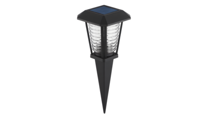A black solar garden light stands firmly on the ground.
