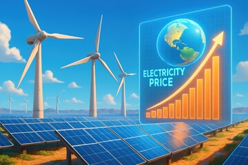 Digital depiction of rising electricity prices with wind turbines and solar panels