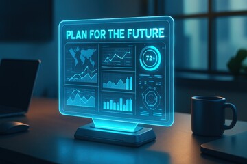 Digital screen displaying futuristic data visualizations and charts; office setting