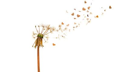 A delicate dandelion releasing its slender seeds into the air, captured in a soft minimal style that conveys freedom, motion, and the gentle beauty of nature’s fragile botanical moments.