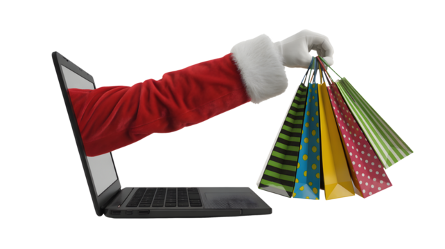 A hand emerges from a laptop screen holding colorful gift bags for holiday shopping. - Powered by Adobe