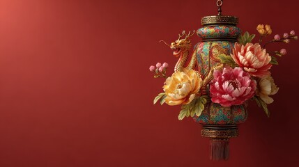 happy chinese new year year of the dragon zodiac sign hanging beautiful lantern and flowers on red background copy space2026