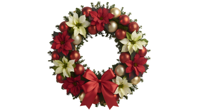 A festive wreath displays red and white flowers with shiny red and gold balls and a large red bow.