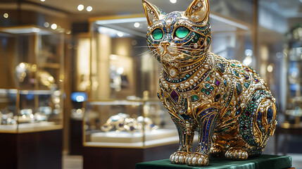 An opulent jeweled cat sculpture in a luxurious. The cat is crafted with intricate gold filigree, swirling ornamental patterns, and elaborate metalwork. Its face and body are adorned with brilliant ge