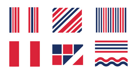 Fototapeta premium Dynamic collection of abstract geometric patterns and striped designs in red, white, and blue, perfect for modern graphic projects and creative backgrounds