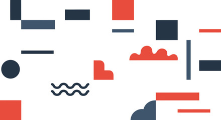 Collection of abstract geometric shapes and symbols on a white background, featuring modern minimalist design in red and blue tones