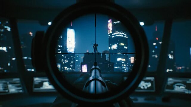 A sniper's view through a scope at night, targeting a figure atop a futuristic skyscraper