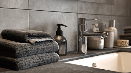 Closeup of a modern bathroom sink with towels and soap dispenser