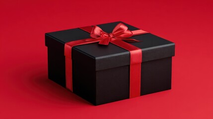 Obraz premium elegant black gift box with red ribbon on red background for holiday gift presentation moments 2026