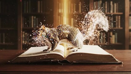 A mystical squirrel materializes from an ancient open book amidst towering library shelves, symbolizing the magic of storytelling and the boundless journey of knowledge and imagination - Powered by Adobe