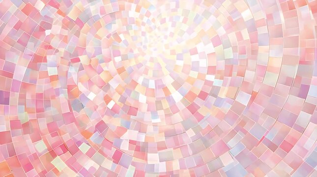 Abstract artwork featuring concentric square-shaped patterns in pastel colors, fanning out from a bright central circular void, a gentle blend