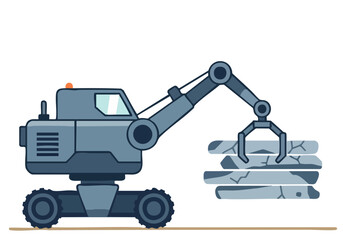 A stylized illustration of an inspect bot with a grapple, collecting logs. Clean, modern design with a soft color palette. Perfect for tech, construction, or industrial themes.