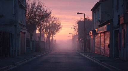 An empty street shrouded in fog at dawn with pink sky and streetlights
