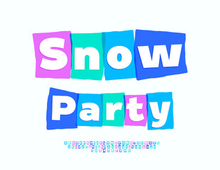 Vector Creative invitation Snow Party. Colorful Block Font. Bright Children Alphabet Letters and Numbers. 