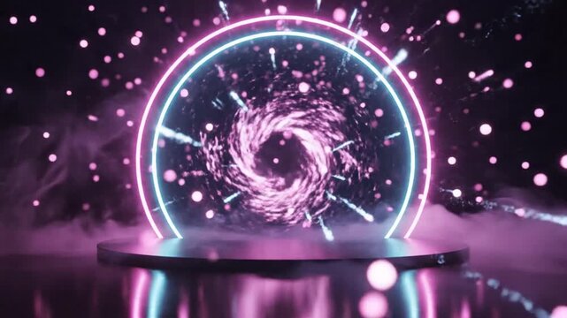 Vibrant Neon Portal with Swirling Vortex and Floating Particles in Dark Sci-Fi Ambiance