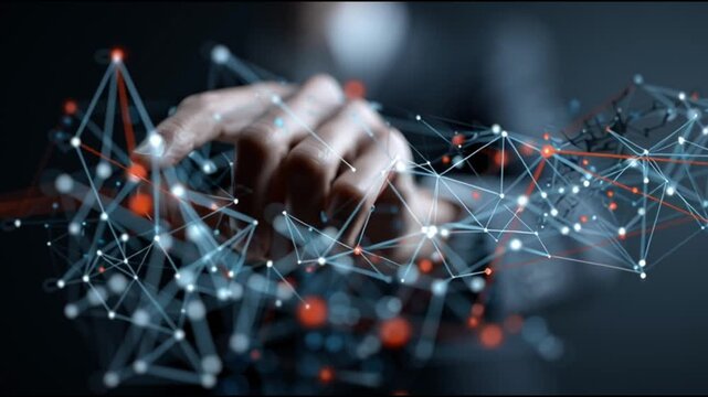 Cybersecurity consultant. Risk assessment. Network defense. Data protection. Access control. A hand interacting with a digital network visualization.