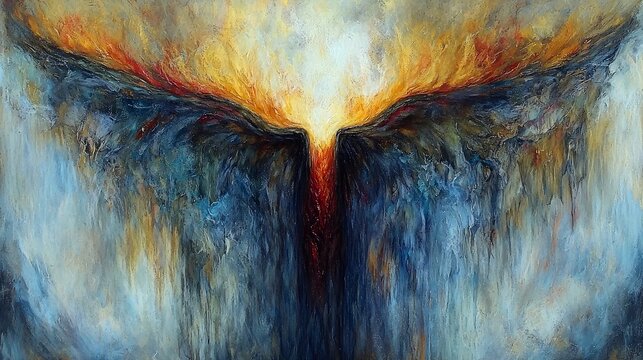 An abstract painting with a central dark, textured form resembling wings or a rift, emanating vibrant fiery oranges and yellows upwards and deep blues and white