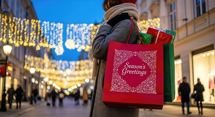 Fototapeta premium Woman holding festive shopping bags with holiday decorations and lights in the background, celebrating Christmas sale and New Year discounts in a vibrant urban setting