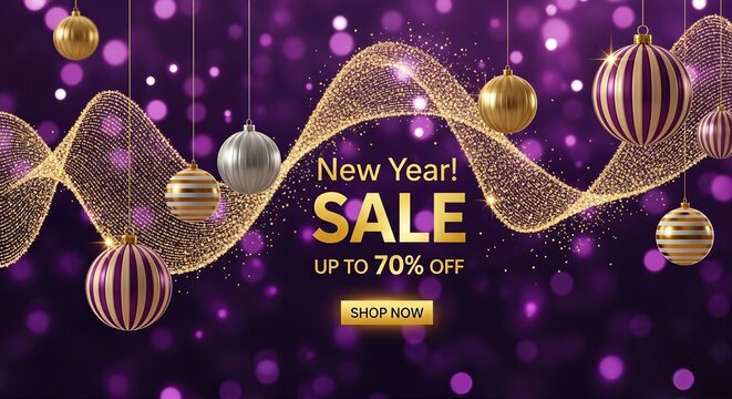 New Year sale banner featuring shiny ornaments and golden text on a vibrant purple background, promoting discounts and festive shopping opportunities for the holiday season