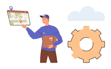 Delivery worker holding a package, interacting with a digital map showing location pin, cloud, and gear. Ideal for logistics, package tracking, delivery systems, technology, efficiency automation