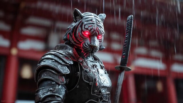 A rain-soaked armored warrior with a tiger-head helm and glowing red eyes, sword sheathed amid rain