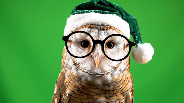 Barn Owl Wearing Festive Christmas Hat and Round Glasses Posed Against a Vibrant Green Screen Background Studio Portrait