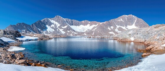 A panoramic view of a pristine alpine lake with crystal clear turquoise water, surrounded by rocky shores with patches of snow. Majestic snow-capped mountains r