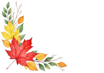Vibrant autumn foliage, large red maple leaf, bright yellow, warm orange, muted green leaves, and fine branches forming a decorative corner border on a transparent background with ample copy space,