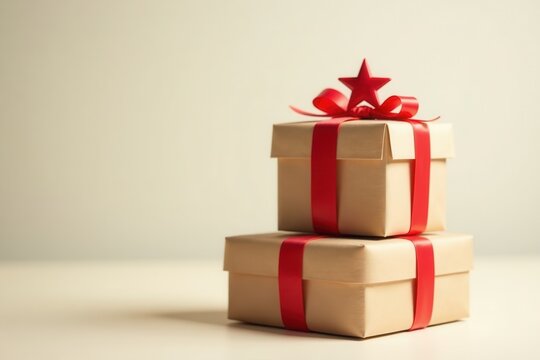 A pair of modestly sized presents, wrapped in neutral-toned paper and adorned with vibrant red ribbons and a star, sit atop a light-colored surface.