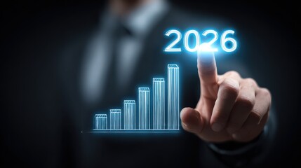 a businessman sets ambitious goals for 2026 touching a glowing bar graph to symbolize financial growth investment success and future planning 2026