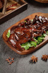 Smoked Marinated Quail with Soy Sauce Ready to Eat Cold on Wooden Serving Plate