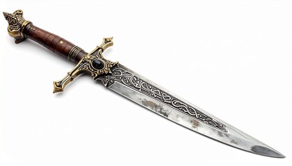 Ornate ceremonial dagger with engraved blade, gemstone crossguard, and dark wood handle on neutral background