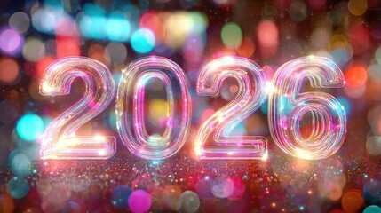 word 2026 in glowing holographic style with colorful light effects and bokeh background featuring vibrant colors and intricate patterns for elegant futuristic appearance 2026