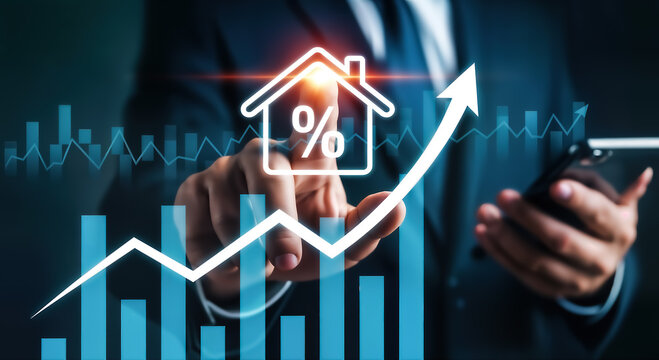 Businessman pointing at house icon with percentage sign and arrow pointing upwards, concept of increasing mortgage interest rate, real estate market and property investment