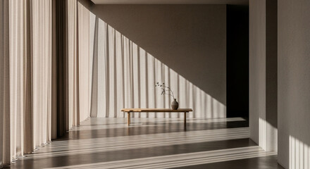 Minimalist interior space with strong diagonal sunlight and shadow