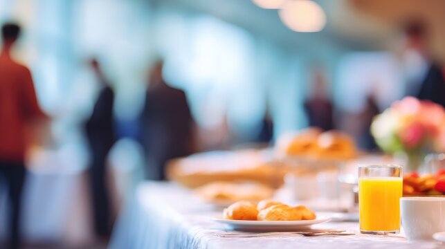 Morning networking event for professionals over breakfast with soft blurry people enjoying coffee and delicacies in a cozy environment