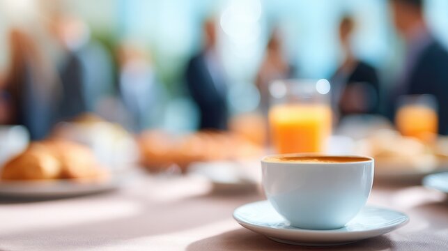 Morning coffee networking event soft blur of professionals enjoying breakfast over discussions in a bright environment