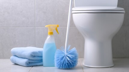 Toilet bowl with cleaning brush, spray bottle, and towels in a bathroom setting