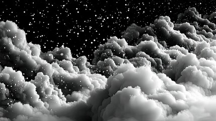 A surreal, monochromatic landscape of dense, textured clouds against a dark sky filled with numerous small white dots resembling stars or snow.