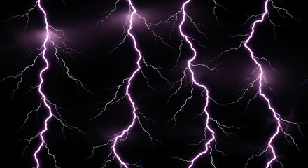Multiple bright purple lightning strikes illuminating a dark night sky