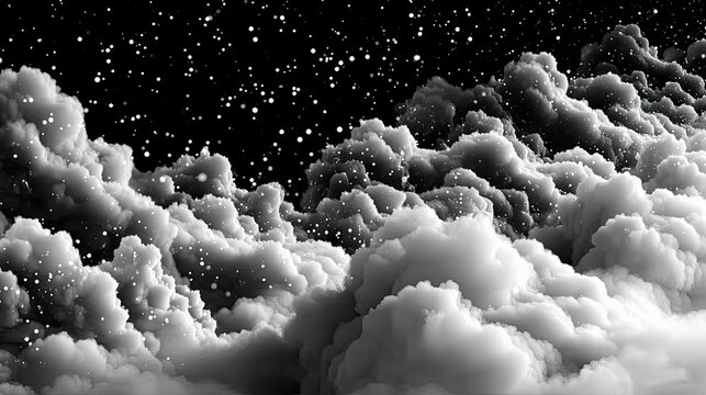 A surreal, monochromatic landscape of dense, textured clouds against a dark sky filled with numerous small white dots resembling stars or snow.