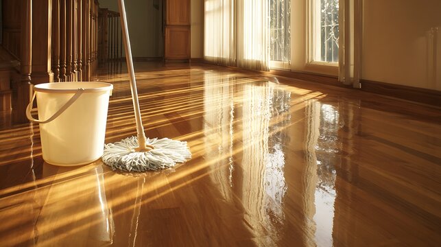 Mop and bucket on a shiny wooden floor in a sunlit room, ready to clean - Powered by Adobe