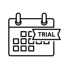 Simple black and white line icon of a calendar with a trial period banner