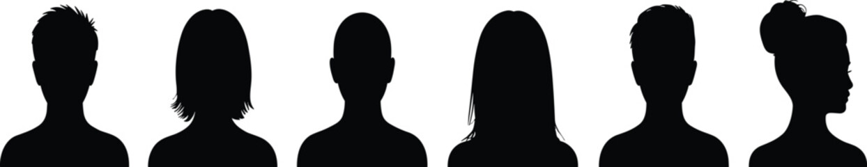 Human head silhouette icon set, diverse hairstyle profiles, black graphic, anonymous avatar design, people illustration elements