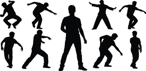 Human silhouette illustration set, dynamic standing and crouching poses, gesture icons, motion graphic, expressive symbol, posture design elements