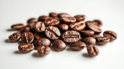 Fototapeta premium A close-up of a pile of roasted Arabica coffee beans on a white surface