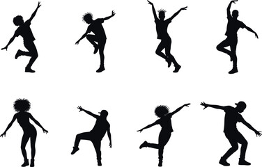 Dance silhouette poses, expressive movement, rhythm vector, performing arts, energetic dancers, choreography illustration, body motion