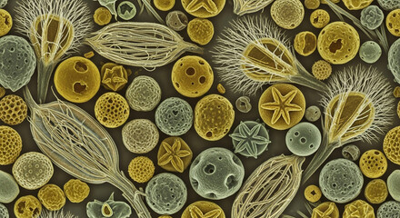 Colorized scanning electron micrograph of various marine diatoms
