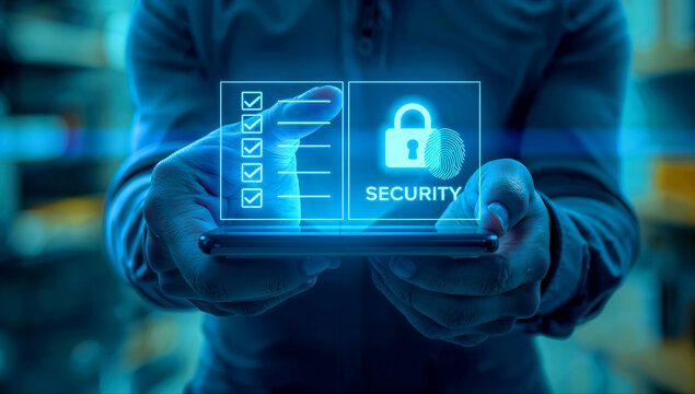 Cybersecurity concept with digital padlock and fingerprint on phone - Powered by Adobe